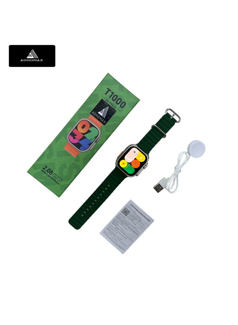 ادهوماكس ساعة ذكية T1000 Ultra2 بتصميم أنيق 2.08 بوصة، ان اف سي ، شاشة لا نهائية، متتبع اللياقة البدنية، معدل ضربات القلب، مكالمات، شحن لاسلكي، لأجهزة الاندرويد والايفون للرجال والنساء - Image 3